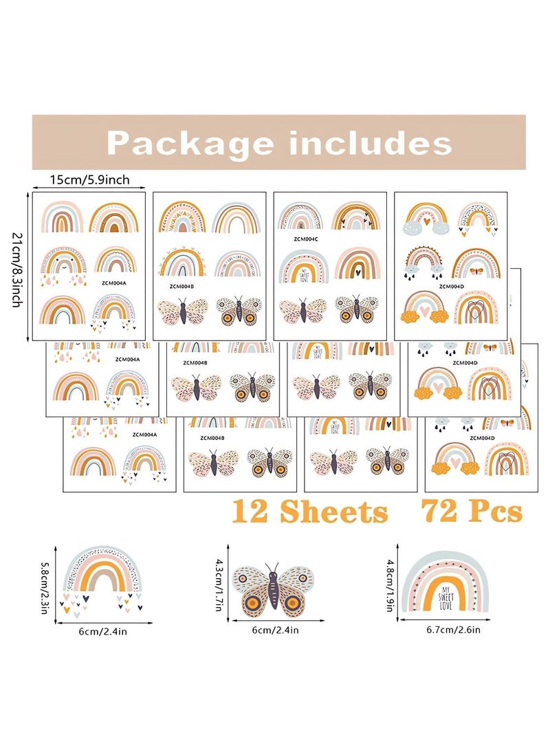 12 Sheets 72 Pcs Brown Gray Rainbow Butterfly Wall Stickers, DIY Art Wall Decals Removable Vinyl Peel and Stick for Kids Baby Nursery Closet Refrigerator Living Room Children's Room Bedroom