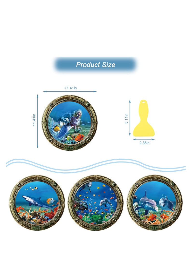 Ocean World Wall Stickers with Plastic Spatula, Removable Porthole School of Fish Wall Decor, 3D Sealife Art Decals for Kids Nursery Bedrooms Living Rooms Decoration, PVC material (4Pcs)