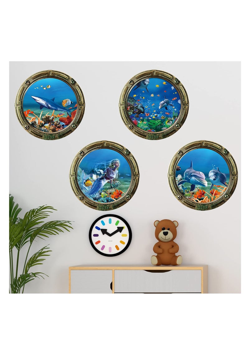 Ocean World Wall Stickers with Plastic Spatula, Removable Porthole School of Fish Wall Decor, 3D Sealife Art Decals for Kids Nursery Bedrooms Living Rooms Decoration, PVC material (4Pcs)