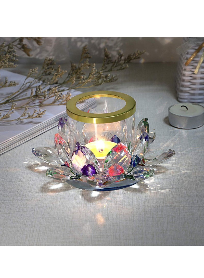 Colorful Crystal Lotus Tealight Candle Holder Votive Stand with Glass Cover, Petal Tea Light Flower Pillar Lamp Centerpiece for Dining Table Altar