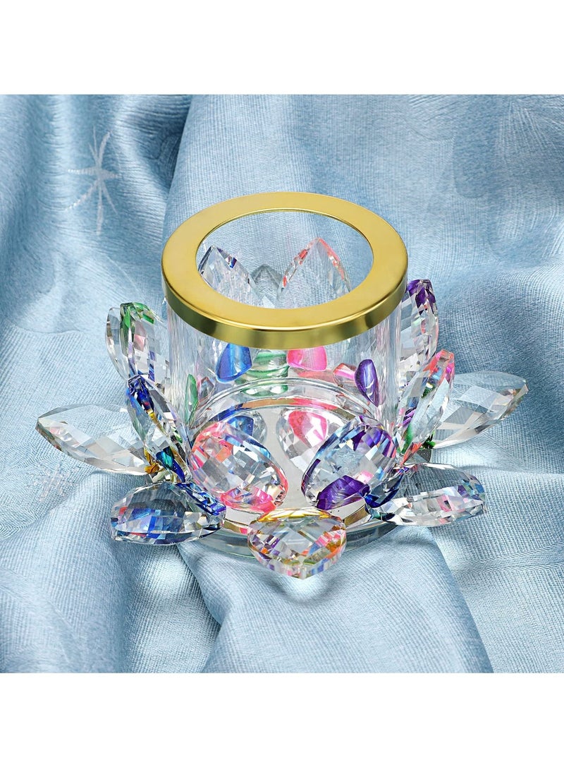 Colorful Crystal Lotus Tealight Candle Holder Votive Stand with Glass Cover, Petal Tea Light Flower Pillar Lamp Centerpiece for Dining Table Altar