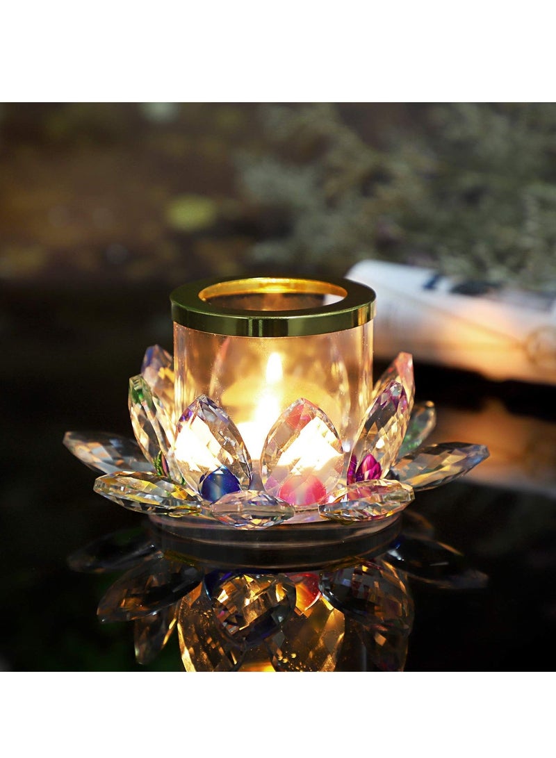 Colorful Crystal Lotus Tealight Candle Holder Votive Stand with Glass Cover, Petal Tea Light Flower Pillar Lamp Centerpiece for Dining Table Altar