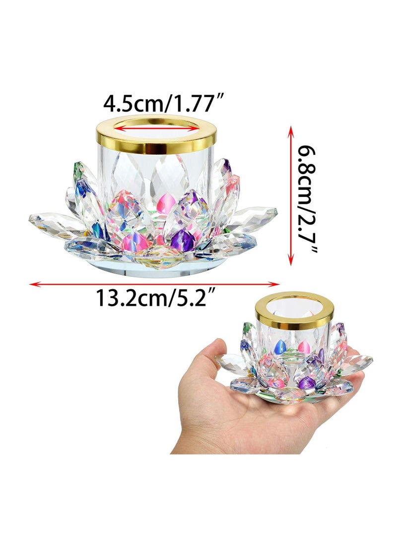 Colorful Crystal Lotus Tealight Candle Holder Votive Stand with Glass Cover, Petal Tea Light Flower Pillar Lamp Centerpiece for Dining Table Altar