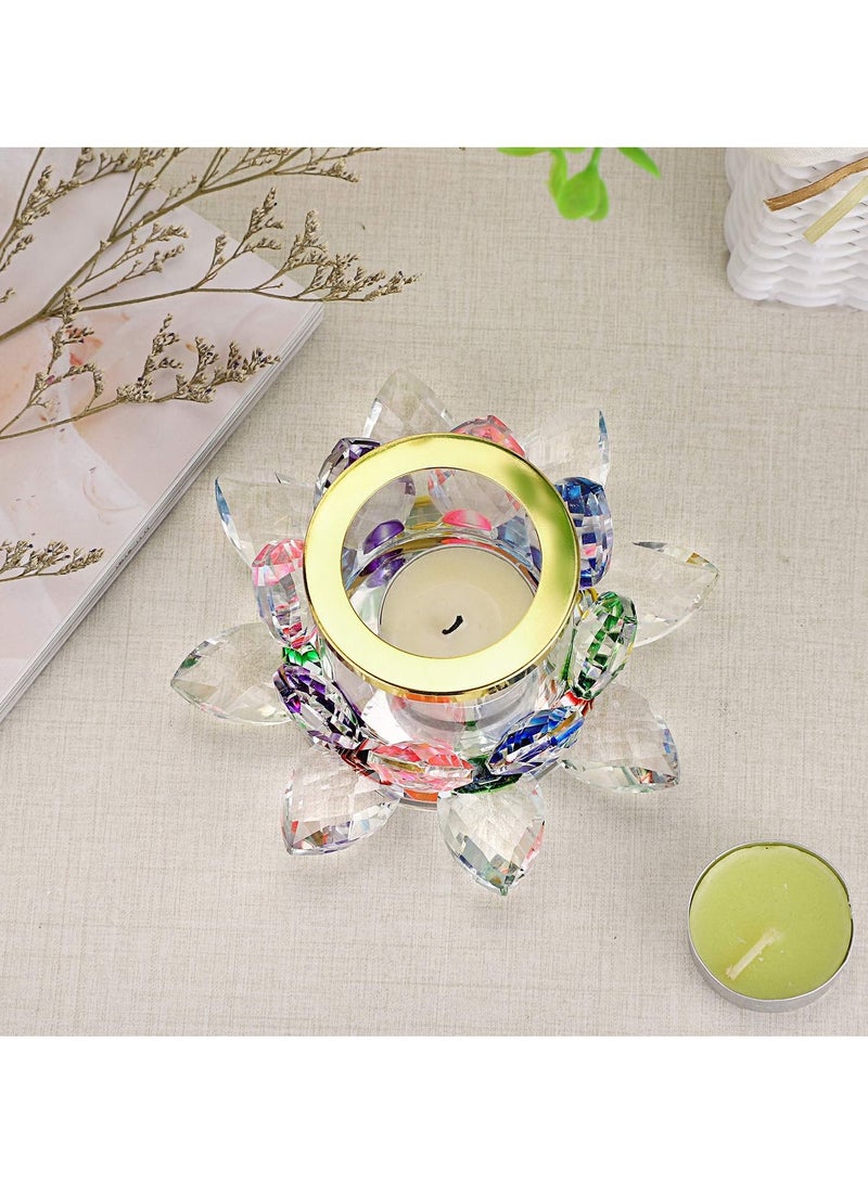 Colorful Crystal Lotus Tealight Candle Holder Votive Stand with Glass Cover, Petal Tea Light Flower Pillar Lamp Centerpiece for Dining Table Altar