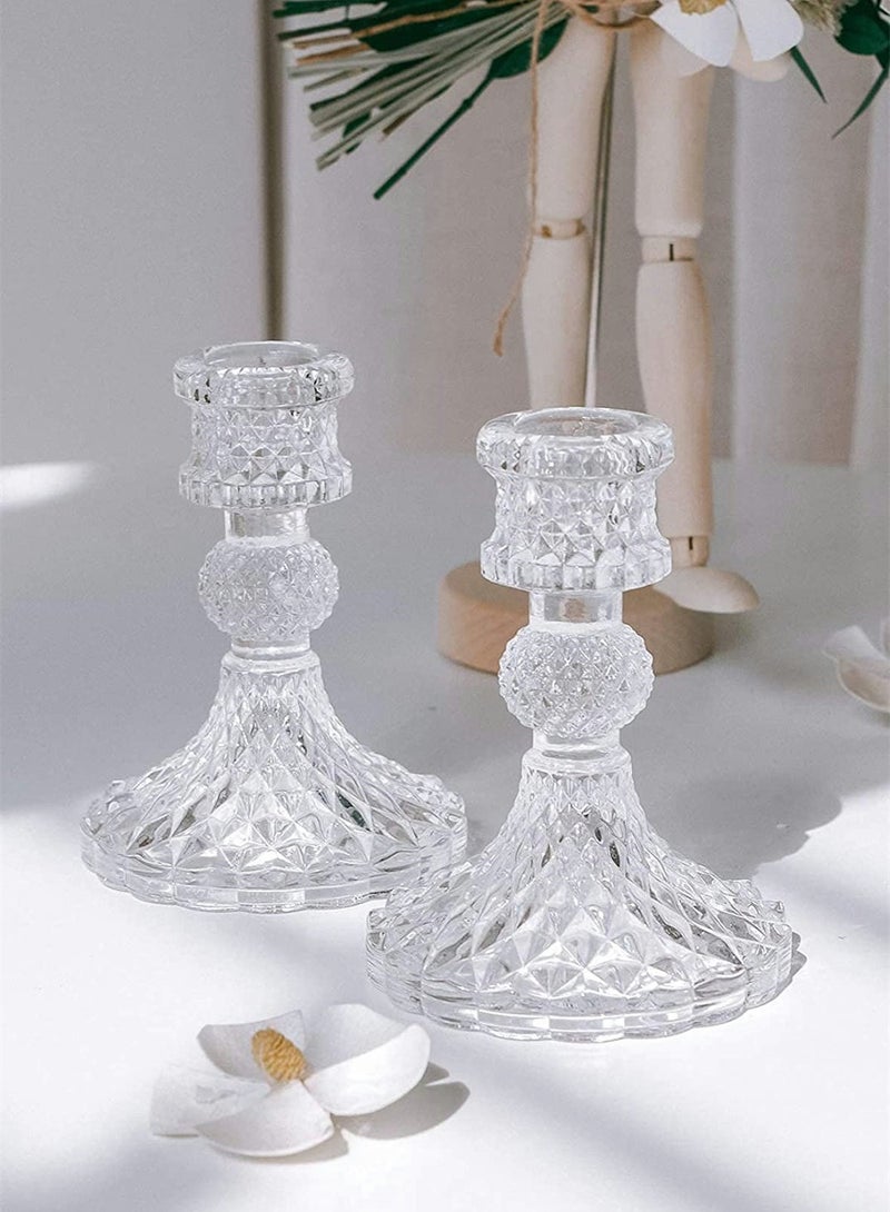 Glass Candle Holder Set of 2, Clear Candlestick Holder and Taper Candle Holder for Wedding Party Table, Valentine's Day, Anniversary, Dining Room Table, Spring Decor (Clear)