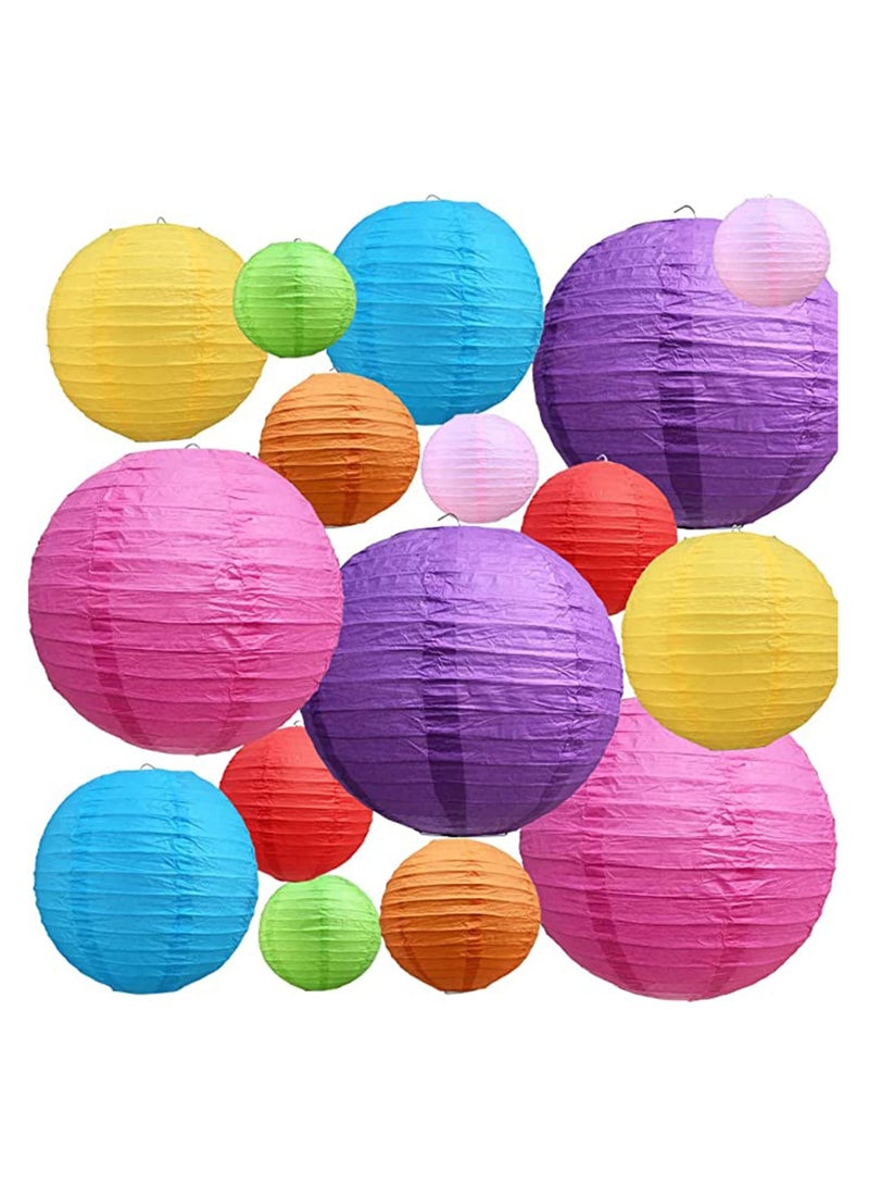 16Pcs Colorful Paper Lanterns Decorative, Chinese/Japanese Hanging Round Foldable Lantern, for Birthday, Wedding, Halloween, Bridal Shower, Home Decor, Party (Size of 4”, 6”, 8”, 10”)