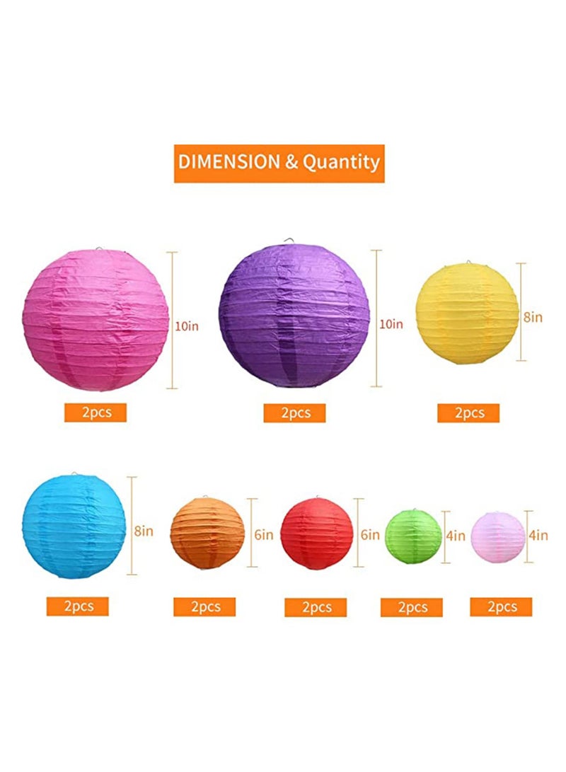 16Pcs Colorful Paper Lanterns Decorative, Chinese/Japanese Hanging Round Foldable Lantern, for Birthday, Wedding, Halloween, Bridal Shower, Home Decor, Party (Size of 4”, 6”, 8”, 10”)