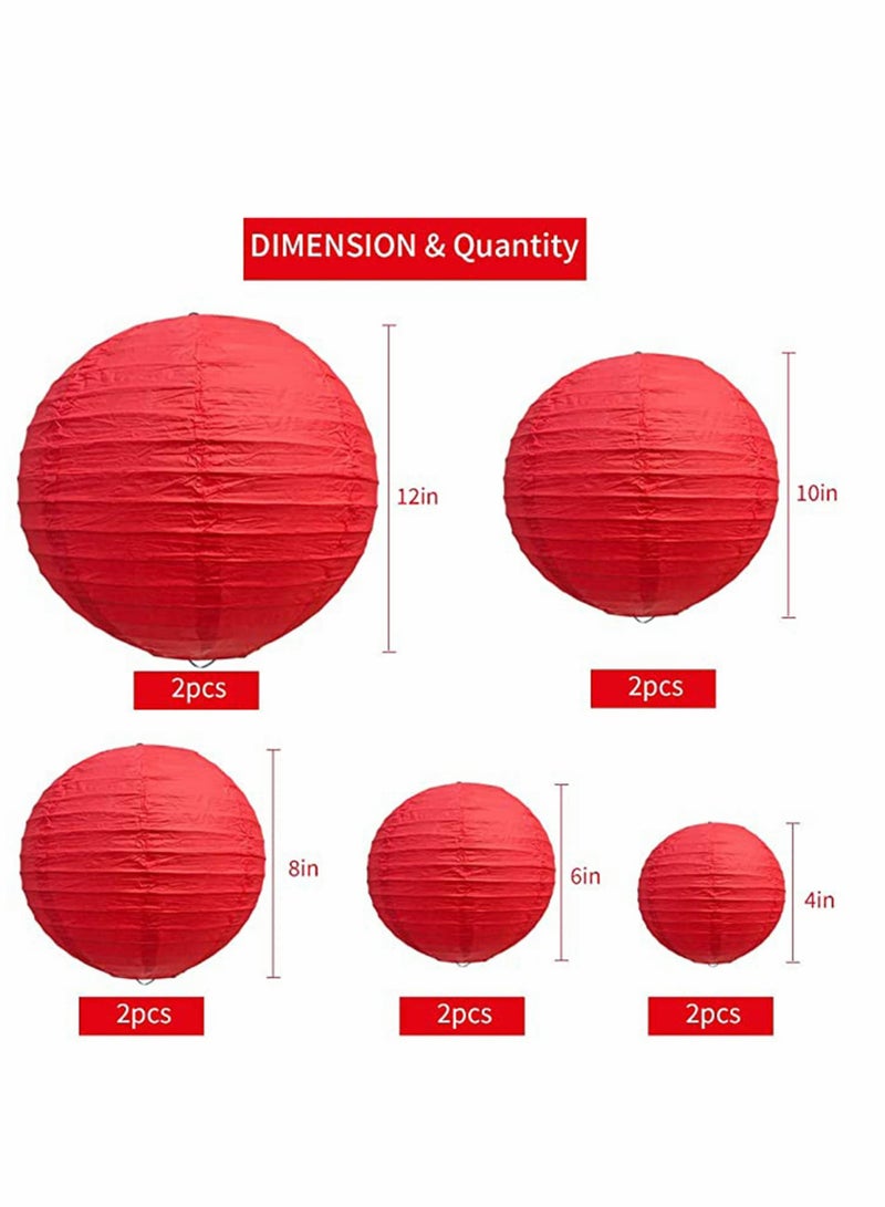 10Pcs Red Paper Lanterns Decorative Chinese/Japanese Hanging Round Foldable Lantern for Birthday Wedding  Bridal Shower Home Decor Party (Size of 4” 6” 8” 10”)