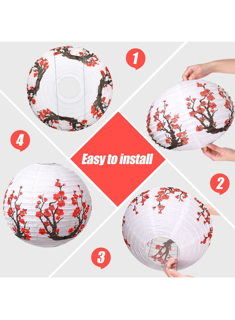 Cherry Blossom Paper Lanterns Folding Hand fan, 8 Pcs Cherry Blossom Decor Set, Including 4 Chinese Japanese Oiled Paper Lamp and 4 Handheld Silk Decorative Folding Fans for Wedding Party Favor