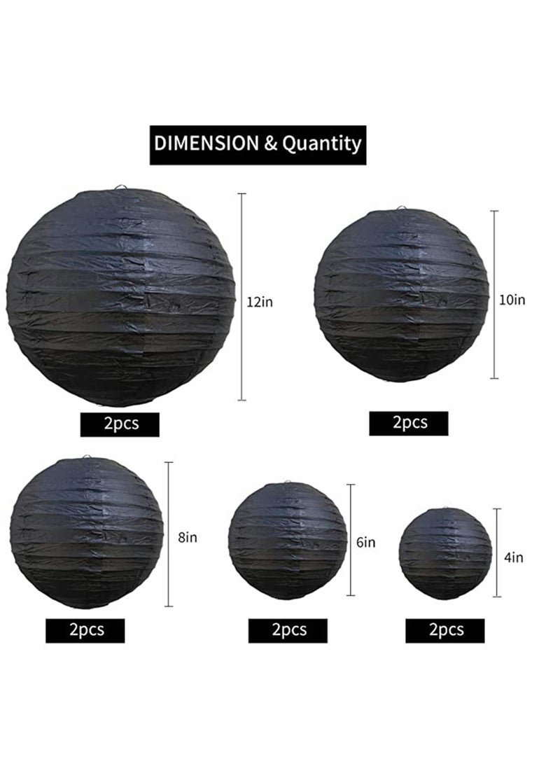 10Pcs Black Paper Lanterns Decorative Chinese/Japanese Hanging Round Foldable Lantern for Birthday Wedding  Bridal Shower Home Decor Party (Size of 4” 6” 8” 10”)