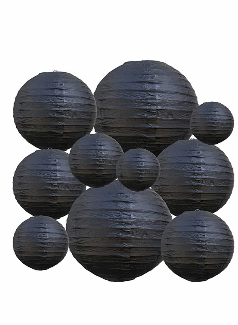 10Pcs Black Paper Lanterns Decorative Chinese/Japanese Hanging Round Foldable Lantern for Birthday Wedding  Bridal Shower Home Decor Party (Size of 4” 6” 8” 10”)