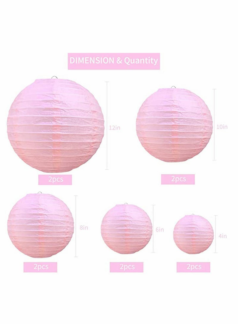 10Pcs Pink Paper Lanterns Decorative Chinese/Japanese Hanging Round Foldable Lantern for Birthday Wedding  Bridal Shower Home Decor Party (Size of 4” 6” 8” 10”)