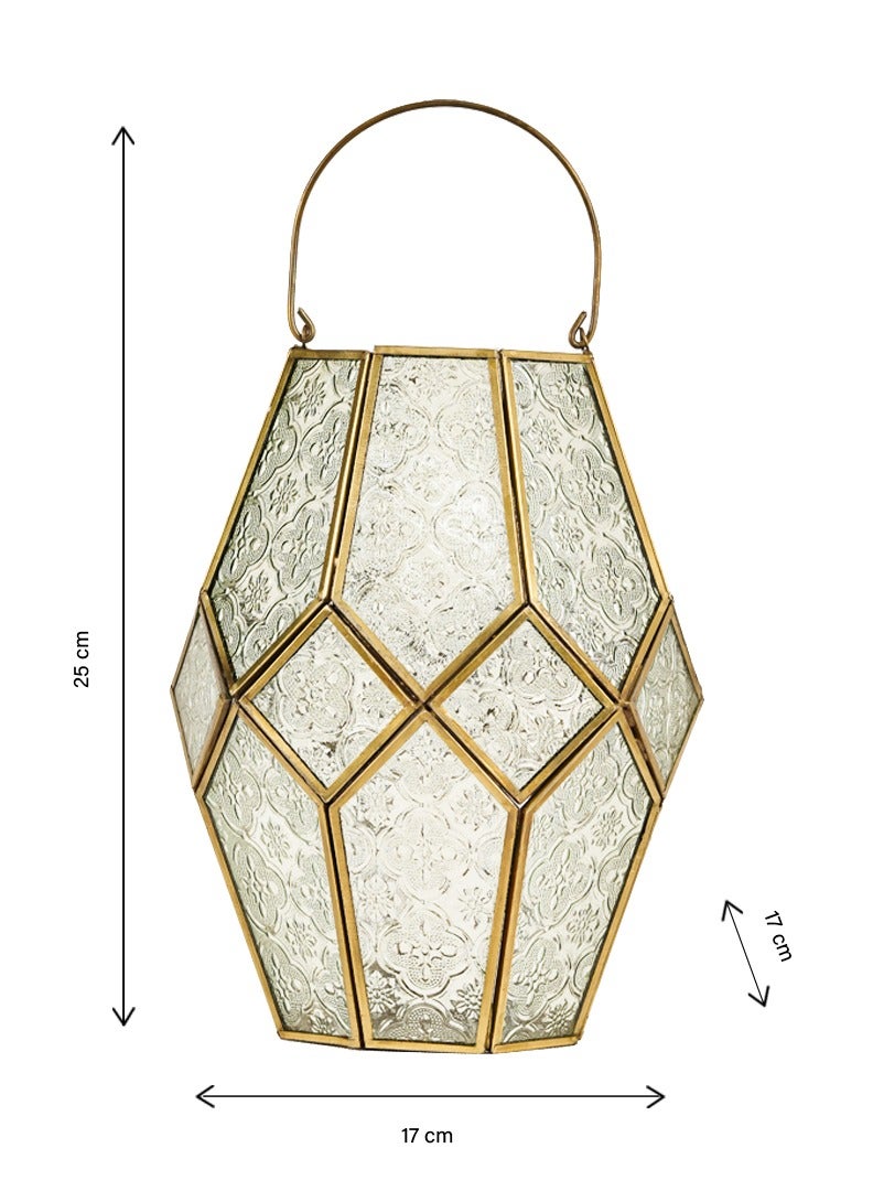 HilalFul Golden with Clear Embossed Glass Decorative Candle Holder Lantern | For Home Decor in Eid, Ramadan, Wedding | Living Room, Bedroom, Indoor, Outdoor Decoration | Islamic Themed | Moroccan