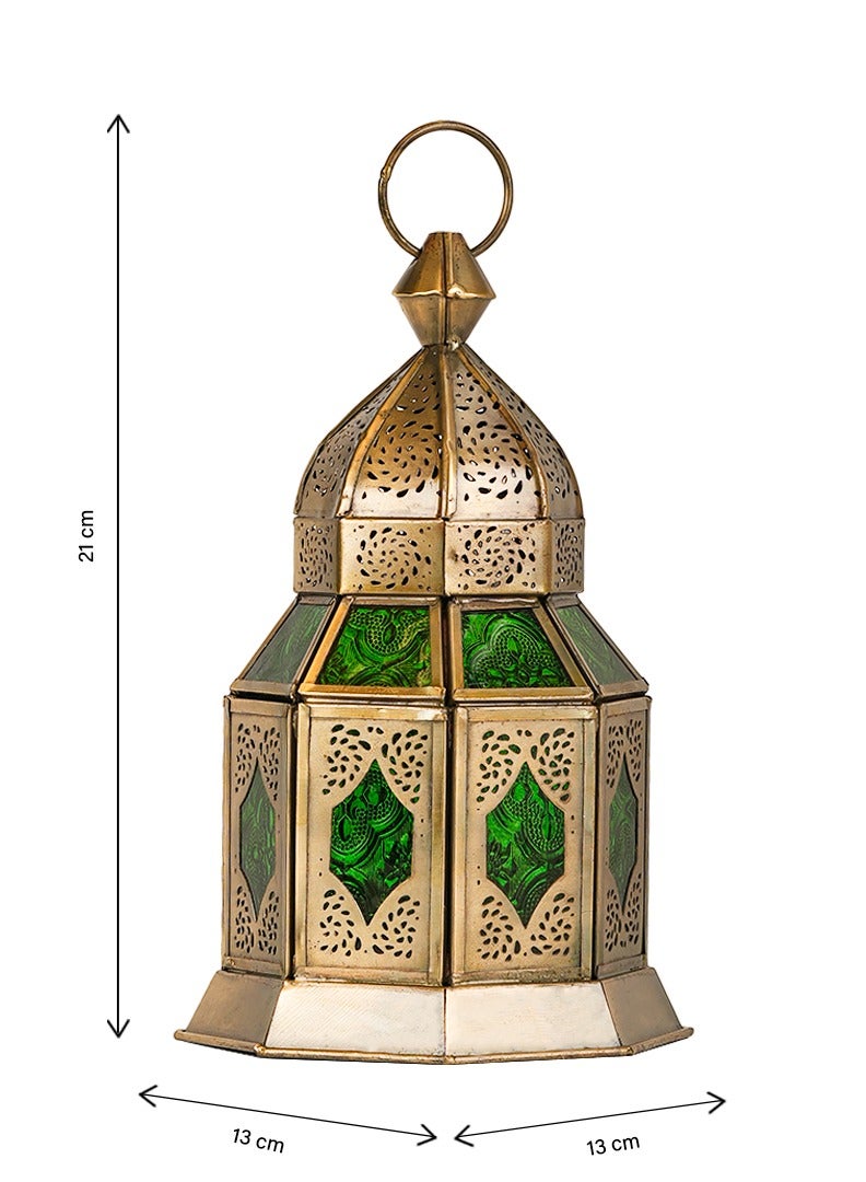 HilalFul Hanging Candle Holder Lanterns - Green Glass | Decorative Metal Lantern Handmade | For Home Décor in Eid, Ramadan, Wedding | Suitable for Living Room, Bedroom | Durable | Metal