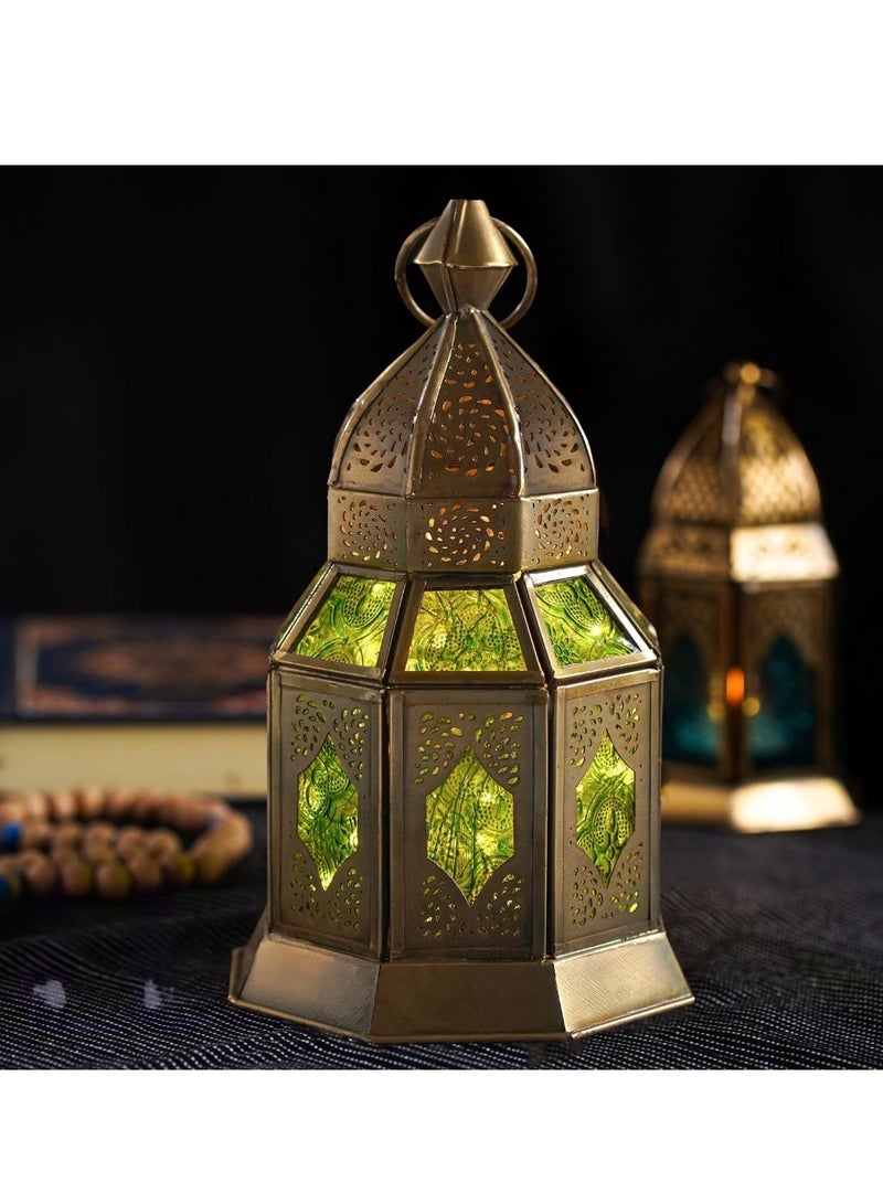 HilalFul Hanging Candle Holder Lanterns - Green Glass | Decorative Metal Lantern Handmade | For Home Décor in Eid, Ramadan, Wedding | Suitable for Living Room, Bedroom | Durable | Metal