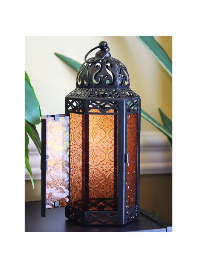 Table  Amber  - Amber Glass Moroccan Style Candle Lantern - Great for Patio  Indoors Outdoors  Events  Parties and Weddings