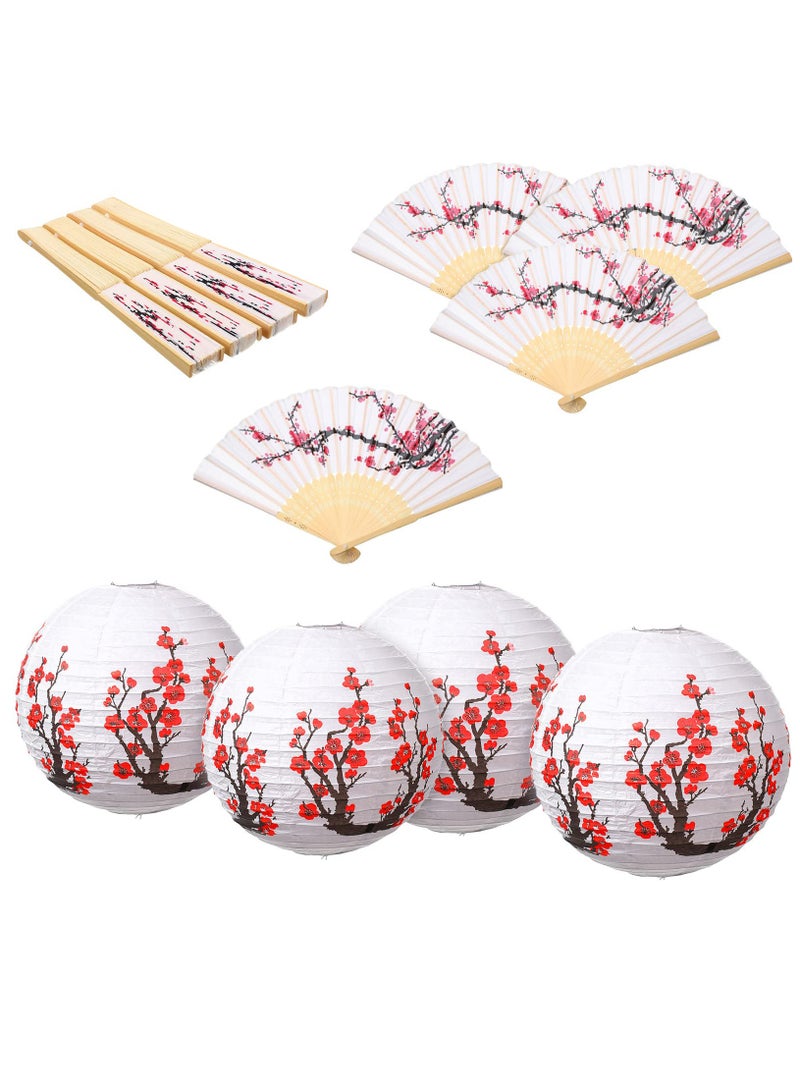 Cherry Blossom Paper Lanterns Folding Hand fan, 8 Pcs Cherry Blossom Decor Set, Including 4 Chinese Japanese Oiled Paper Lamp and 4 Handheld Silk Decorative Folding Fans for Wedding Party Favor