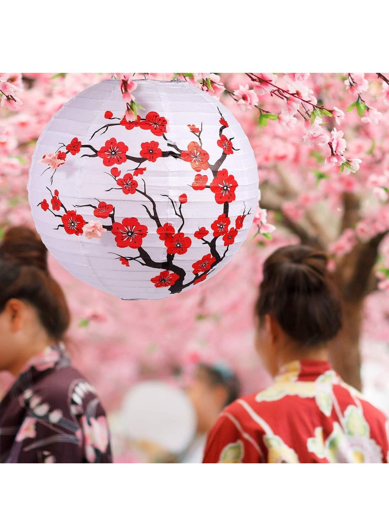 Cherry Blossom Paper Lanterns Folding Hand fan, 8 Pcs Cherry Blossom Decor Set, Including 4 Chinese Japanese Oiled Paper Lamp and 4 Handheld Silk Decorative Folding Fans for Wedding Party Favor