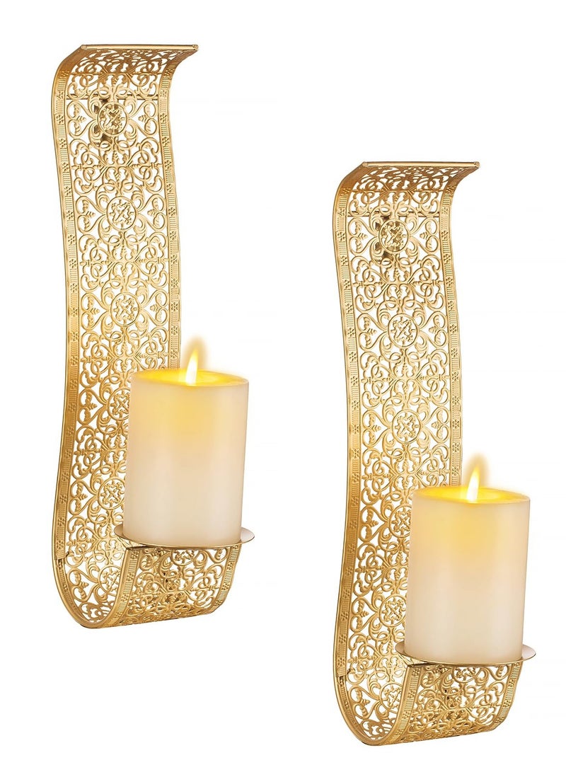 Gold Candle Sconces Wall Decor Set of 2 Wall Candle Holder Decorative Candle Sconces Vintage Metal Pillar Candle Holders for Farmhouse Hallway Decorative Bedroom, Bathroom Wall Art Decoration