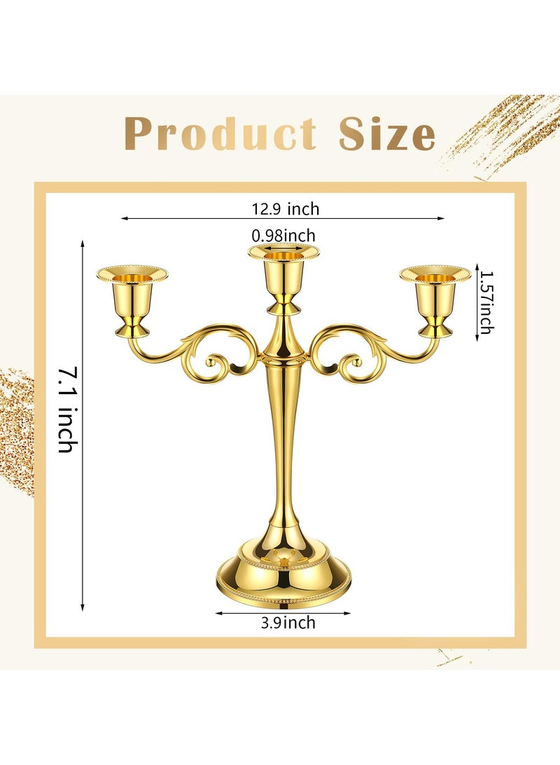 Metal Candle Holder with Candle Wood Mat, Decorative Candlestick Holder for Home Decoration, 3 Headed Candlestick Holder for Holidays Weddings, 12.9*3.9*7.1inch, Gold