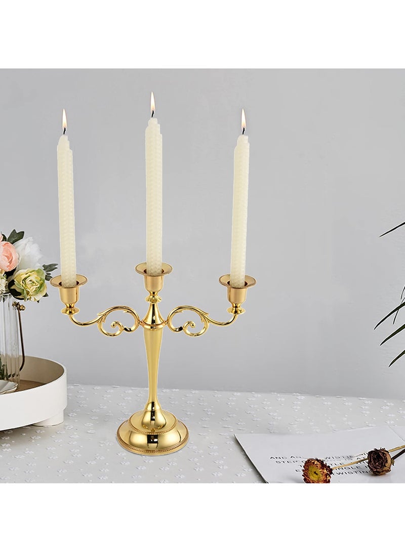 Metal Candle Holder with Candle Wood Mat, Decorative Candlestick Holder for Home Decoration, 3 Headed Candlestick Holder for Holidays Weddings, 12.9*3.9*7.1inch, Gold