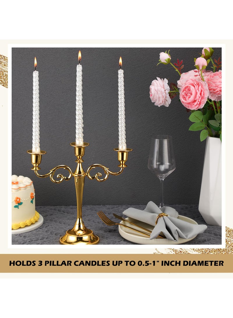 Metal Candle Holder with Candle Wood Mat, Decorative Candlestick Holder for Home Decoration, 3 Headed Candlestick Holder for Holidays Weddings, 12.9*3.9*7.1inch, Gold