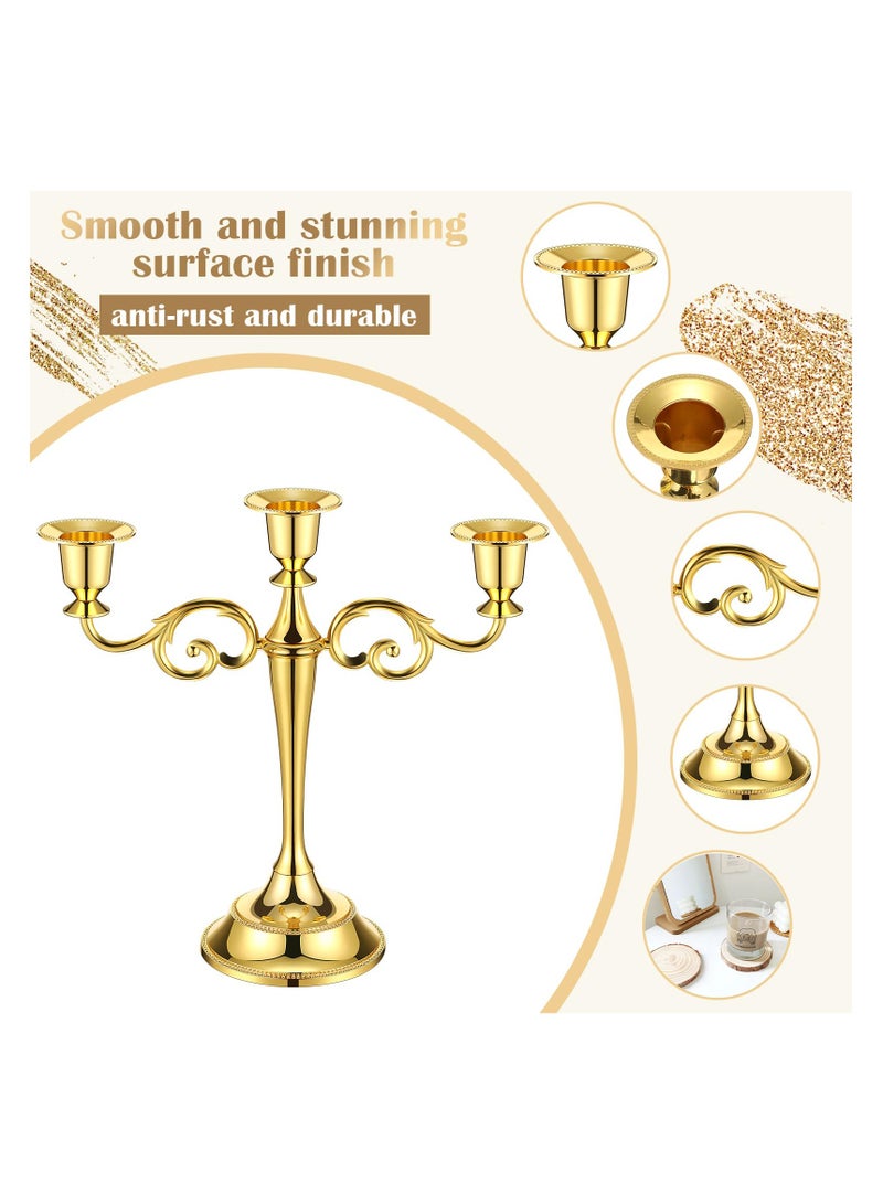 Metal Candle Holder with Candle Wood Mat, Decorative Candlestick Holder for Home Decoration, 3 Headed Candlestick Holder for Holidays Weddings, 12.9*3.9*7.1inch, Gold