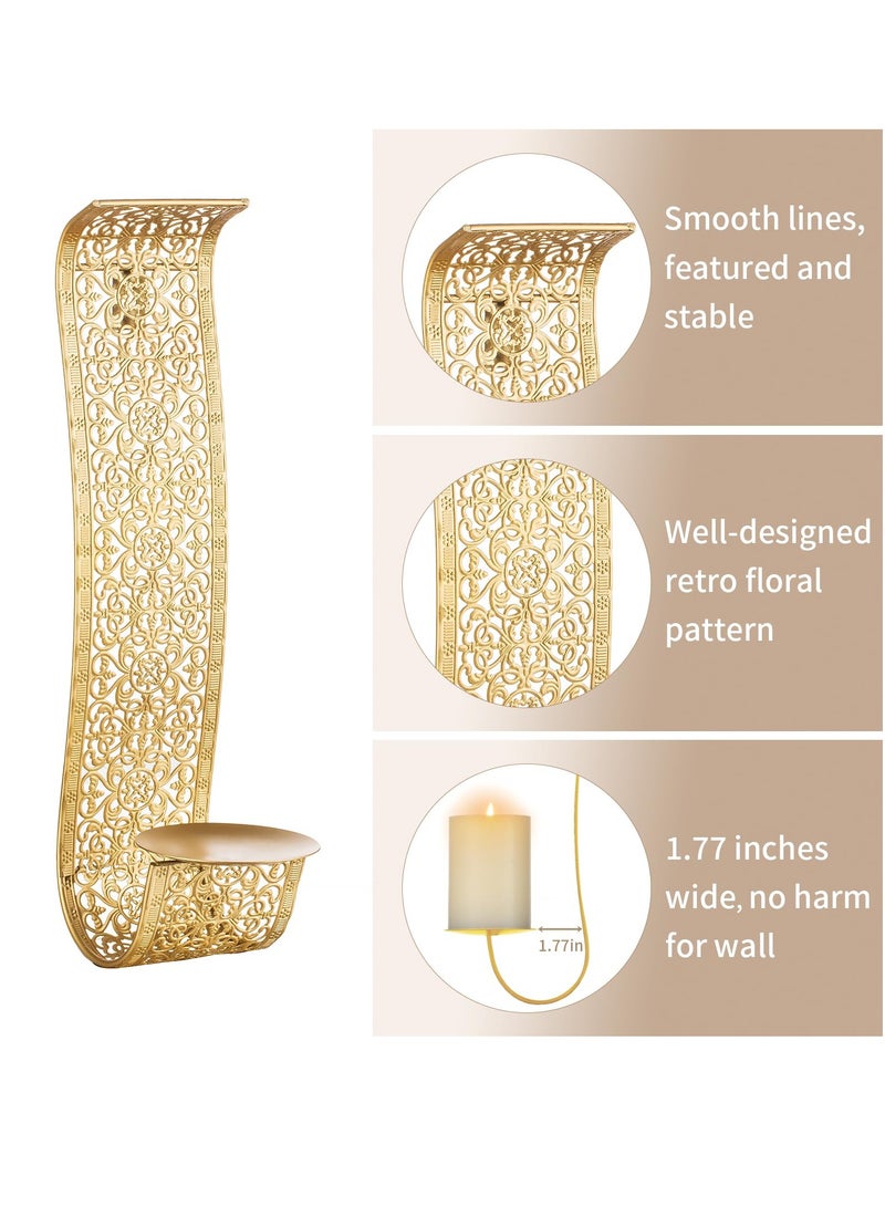 Gold Candle Sconces Wall Decor Set of 2 Wall Candle Holder Decorative Candle Sconces Vintage Metal Pillar Candle Holders for Farmhouse Hallway Decorative Bedroom, Bathroom Wall Art Decoration