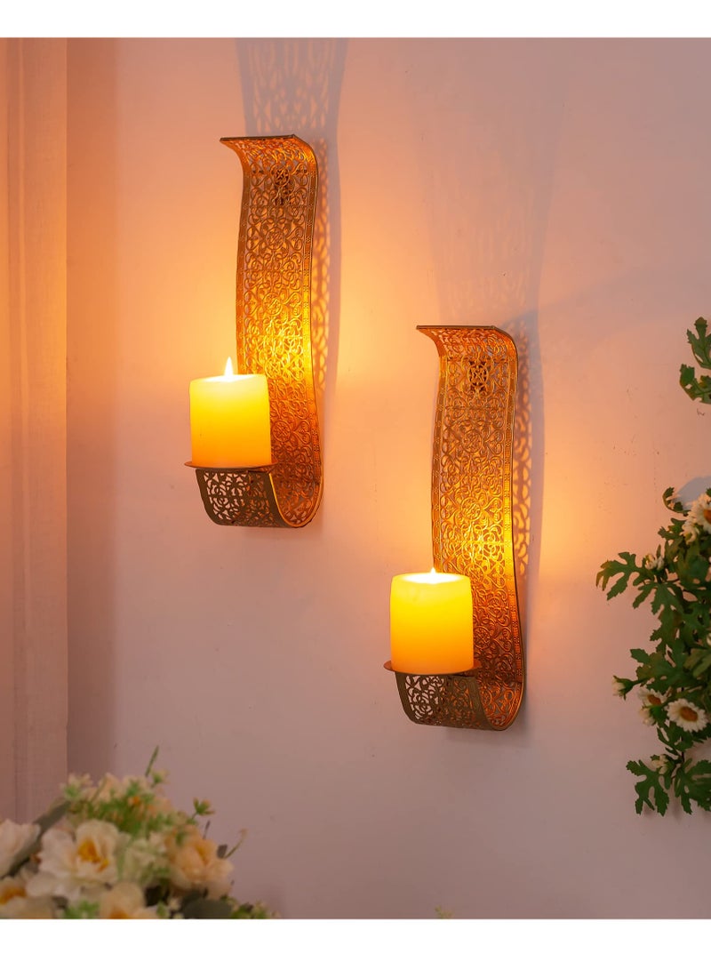 Gold Candle Sconces Wall Decor Set of 2 Wall Candle Holder Decorative Candle Sconces Vintage Metal Pillar Candle Holders for Farmhouse Hallway Decorative Bedroom, Bathroom Wall Art Decoration