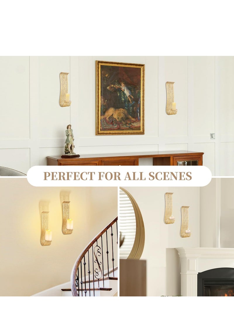 Gold Candle Sconces Wall Decor Set of 2 Wall Candle Holder Decorative Candle Sconces Vintage Metal Pillar Candle Holders for Farmhouse Hallway Decorative Bedroom, Bathroom Wall Art Decoration