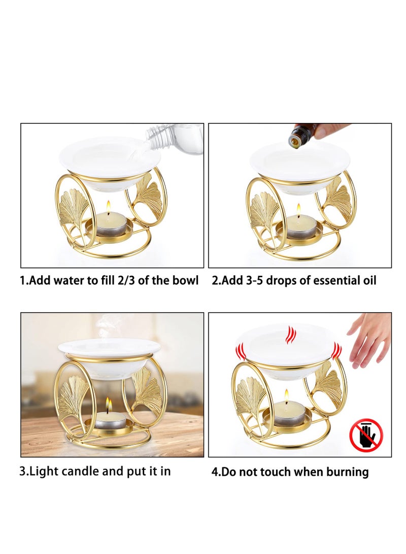 Metal Wax Melt Burner with Ceramic Dish, Decorative Aroma Diffuser Tealight Candle Holder for Wax Melting, Ideal for Living Room, Bedroom, and Kitchen Decor (Gold Finish)