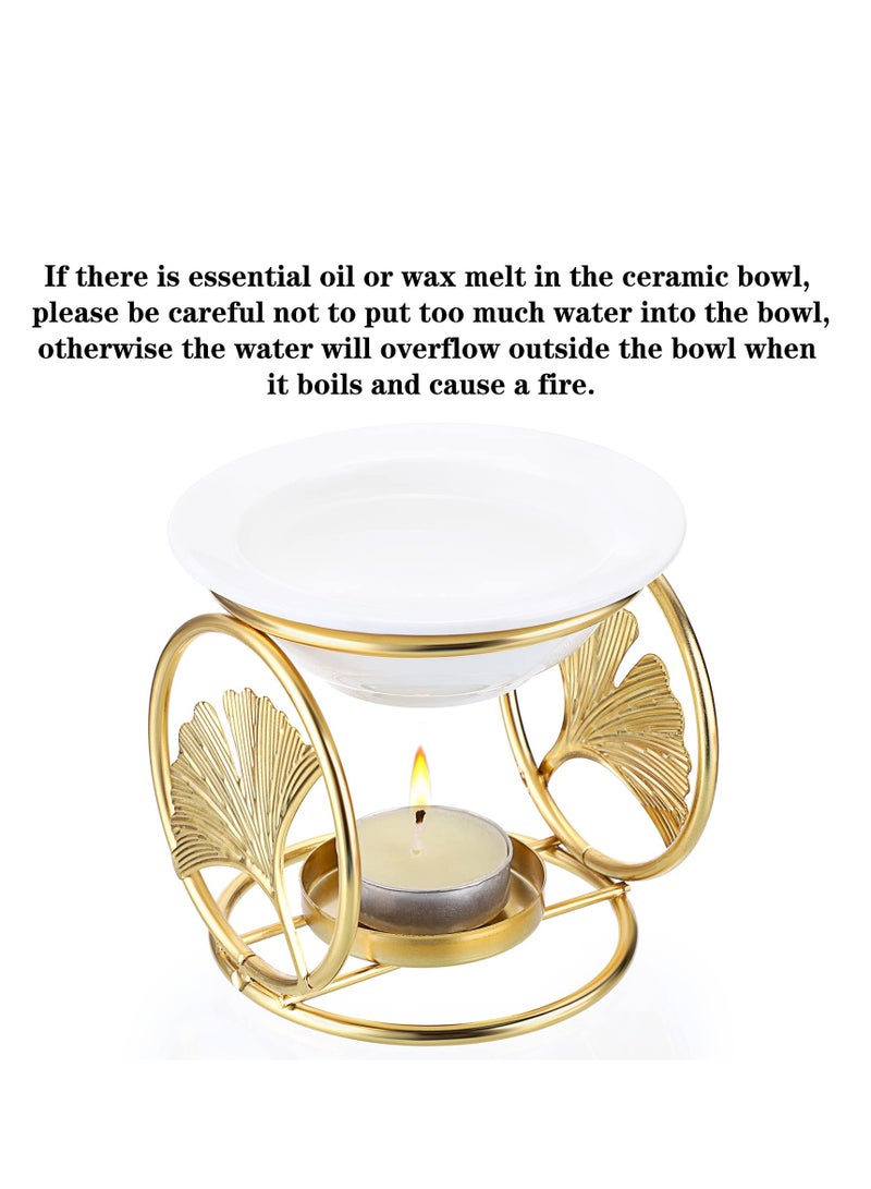 Metal Wax Melt Burner with Ceramic Dish, Decorative Aroma Diffuser Tealight Candle Holder for Wax Melting, Ideal for Living Room, Bedroom, and Kitchen Decor (Gold Finish)