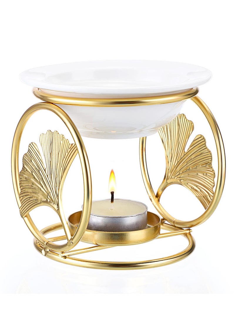 Metal Wax Melt Burner with Ceramic Dish, Decorative Aroma Diffuser Tealight Candle Holder for Wax Melting, Ideal for Living Room, Bedroom, and Kitchen Decor (Gold Finish)