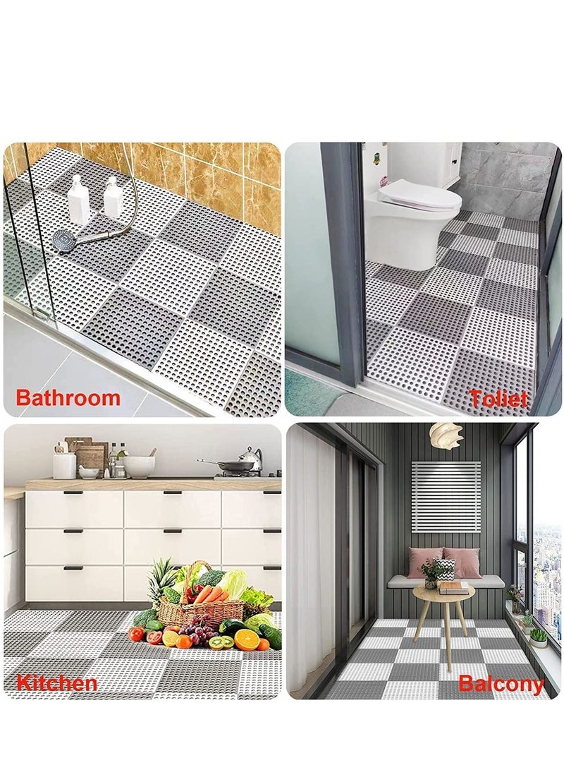 12 Pack Interlocking Non Slip Drainage Floor Tiles, 11.8 X Inch Soft PVC Bath Shower Mat with Suctions Cups, Holes for Bathroom, Kitchen, Pool, Wet Areas