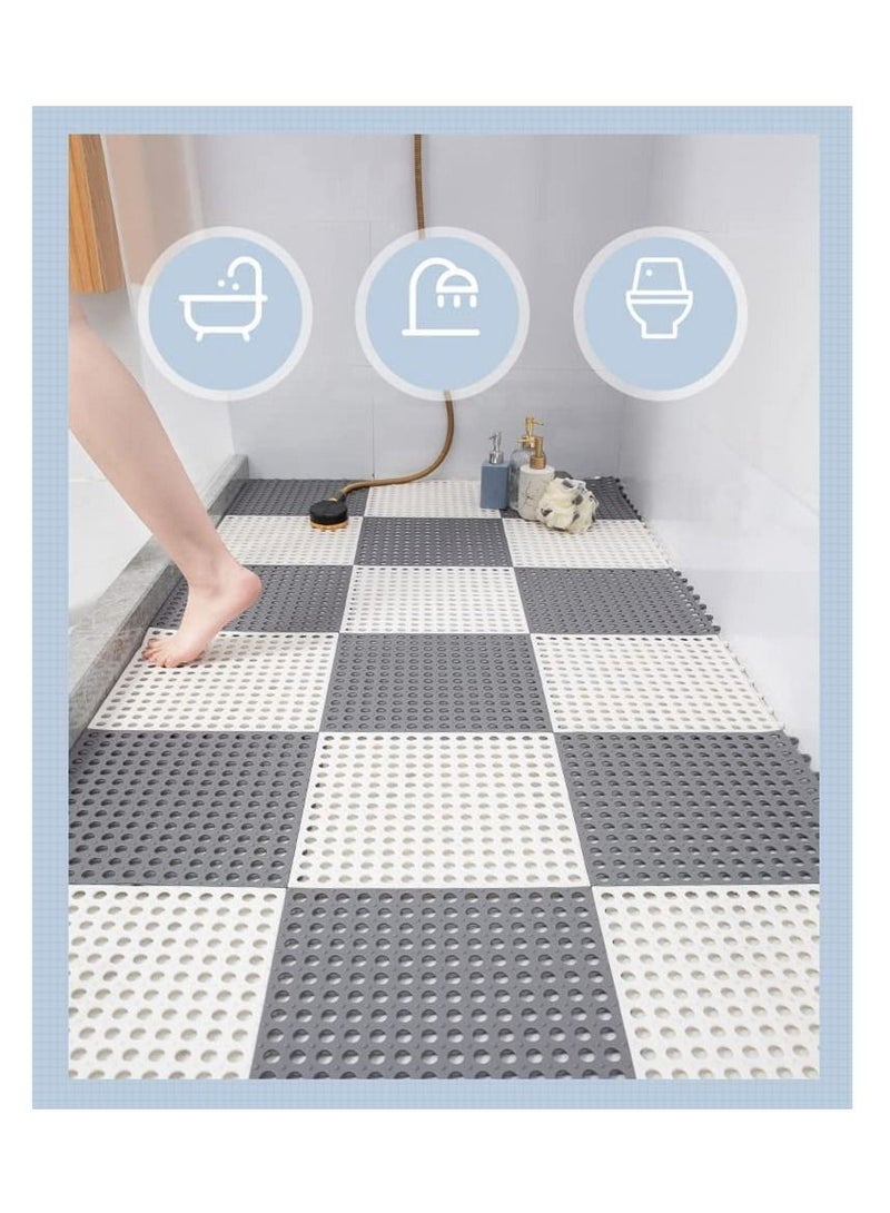 12 Pack Interlocking Non Slip Drainage Floor Tiles, 11.8 X Inch Soft PVC Bath Shower Mat with Suctions Cups, Holes for Bathroom, Kitchen, Pool, Wet Areas