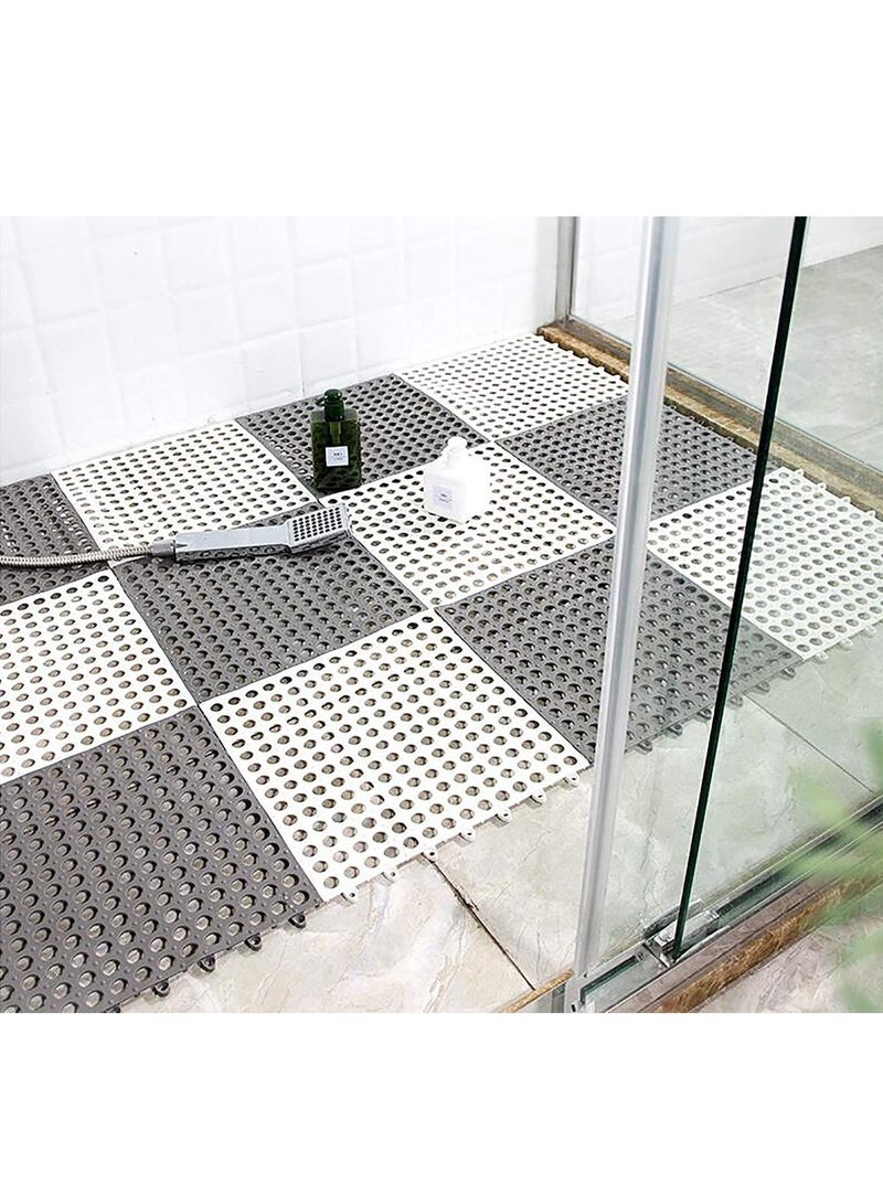 12 Pack Interlocking Non Slip Drainage Floor Tiles, 11.8 X Inch Soft PVC Bath Shower Mat with Suctions Cups, Holes for Bathroom, Kitchen, Pool, Wet Areas