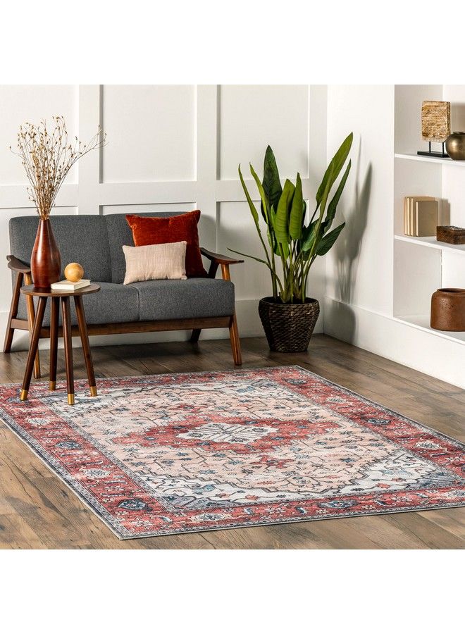 Melanie Transitional Medallion Machine Washable Area Rug 4' X 6' Rust