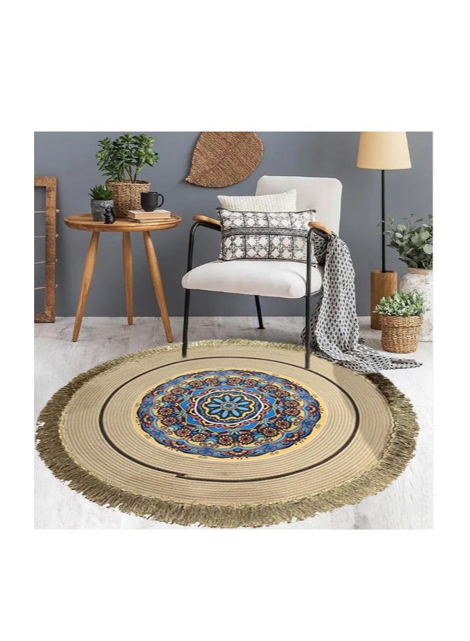 FFD Hand-Woven Cotton Round Area Rug with Tassels - Soft & Stylish Carpet for Bedroom, Living Room, and Dining Room