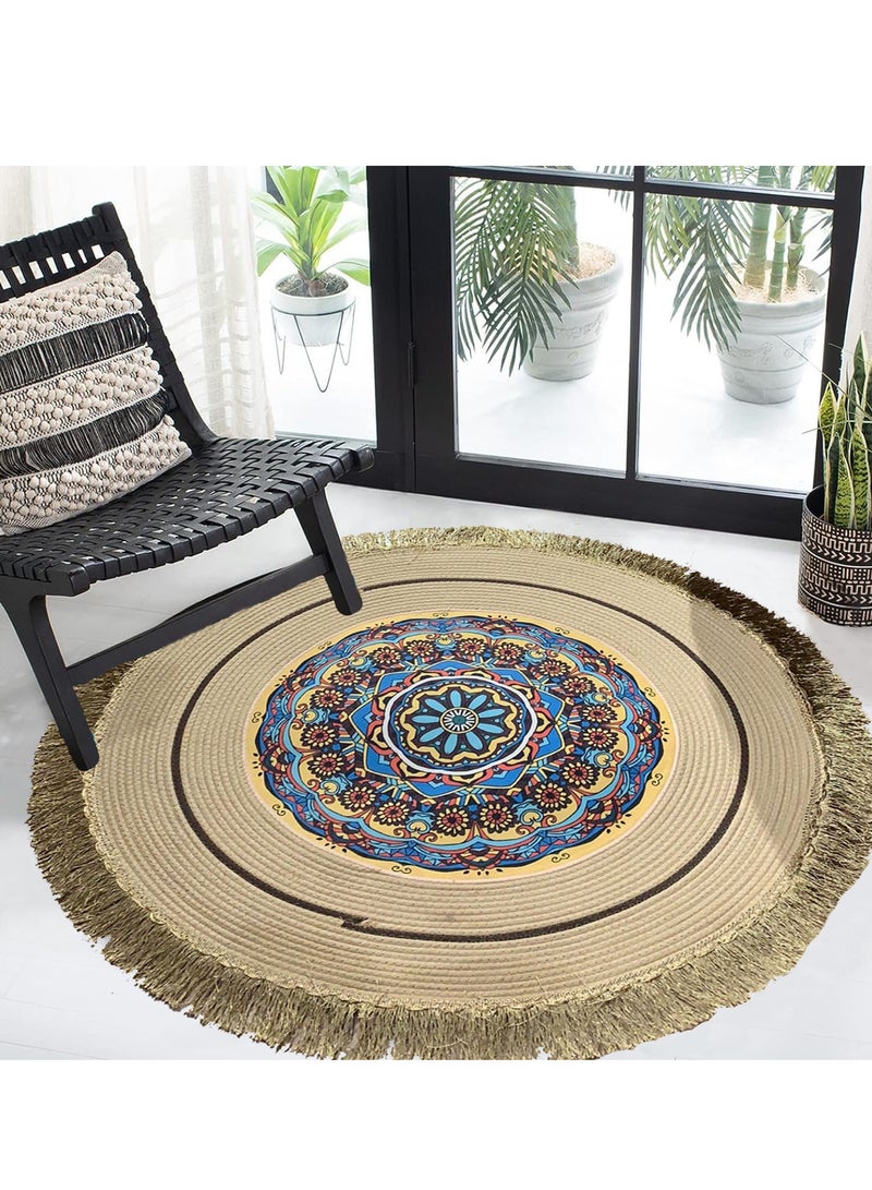 FFD Hand-Woven Cotton Round Area Rug with Tassels - Soft & Stylish Carpet for Bedroom, Living Room, and Dining Room