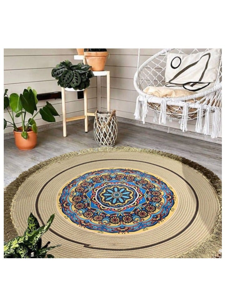 FFD Hand-Woven Cotton Round Area Rug with Tassels - Soft & Stylish Carpet for Bedroom, Living Room, and Dining Room