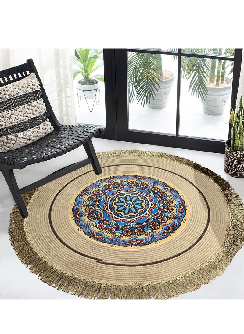 FFD Area Rug Carpet Round Hand Woven Febric Cutton Area Rug Carpet For Bedroom Living room Dining Room Round Tassel Carpet Soft and Easy To Care Floor Mate Carpet