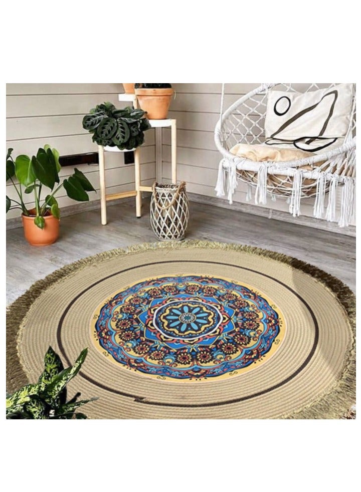 FFD Area Rug Carpet Round Hand Woven Febric Cutton Area Rug Carpet For Bedroom Living room Dining Room Round Tassel Carpet Soft and Easy To Care Floor Mate Carpet