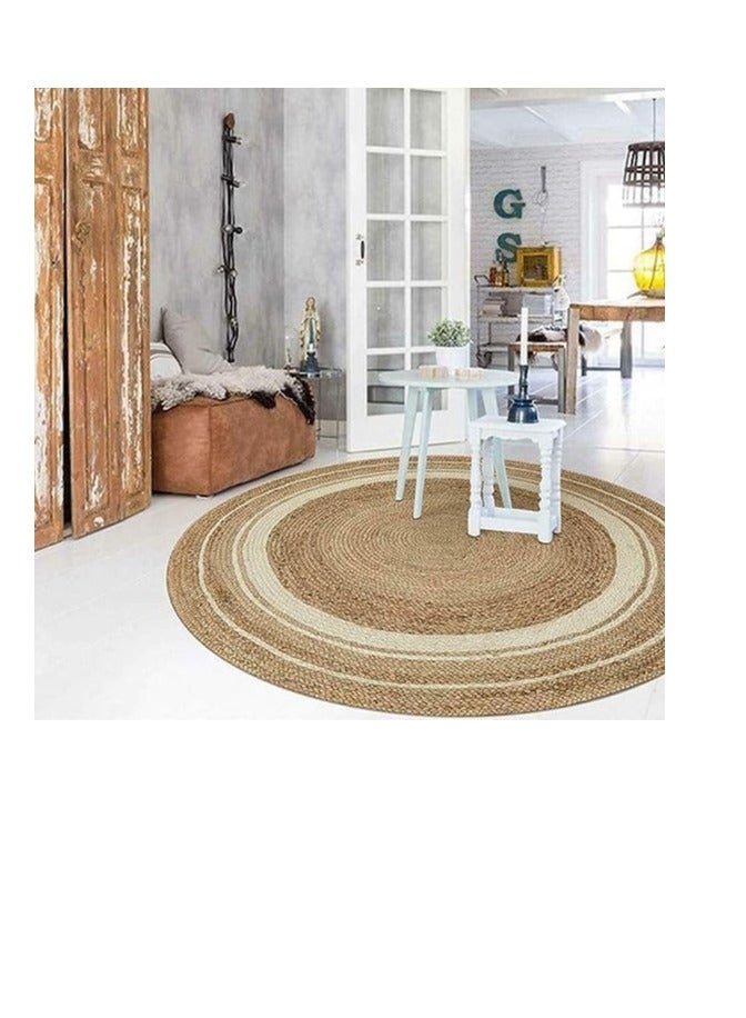 FFD Natural Jute Rug with White Line Jute Rug Carpet Handmade Braided Jute Carpet