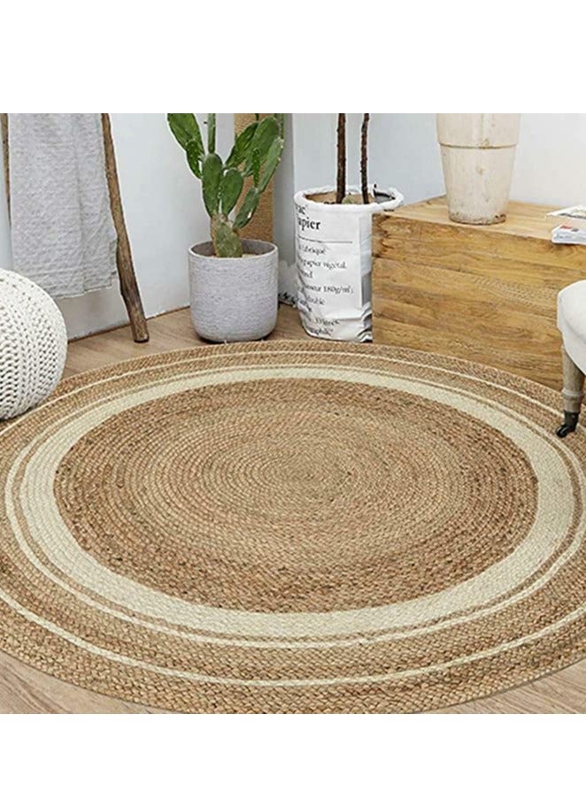 FFD Natural Jute Rug with White Line Jute Rug Carpet Handmade Braided Jute Carpet