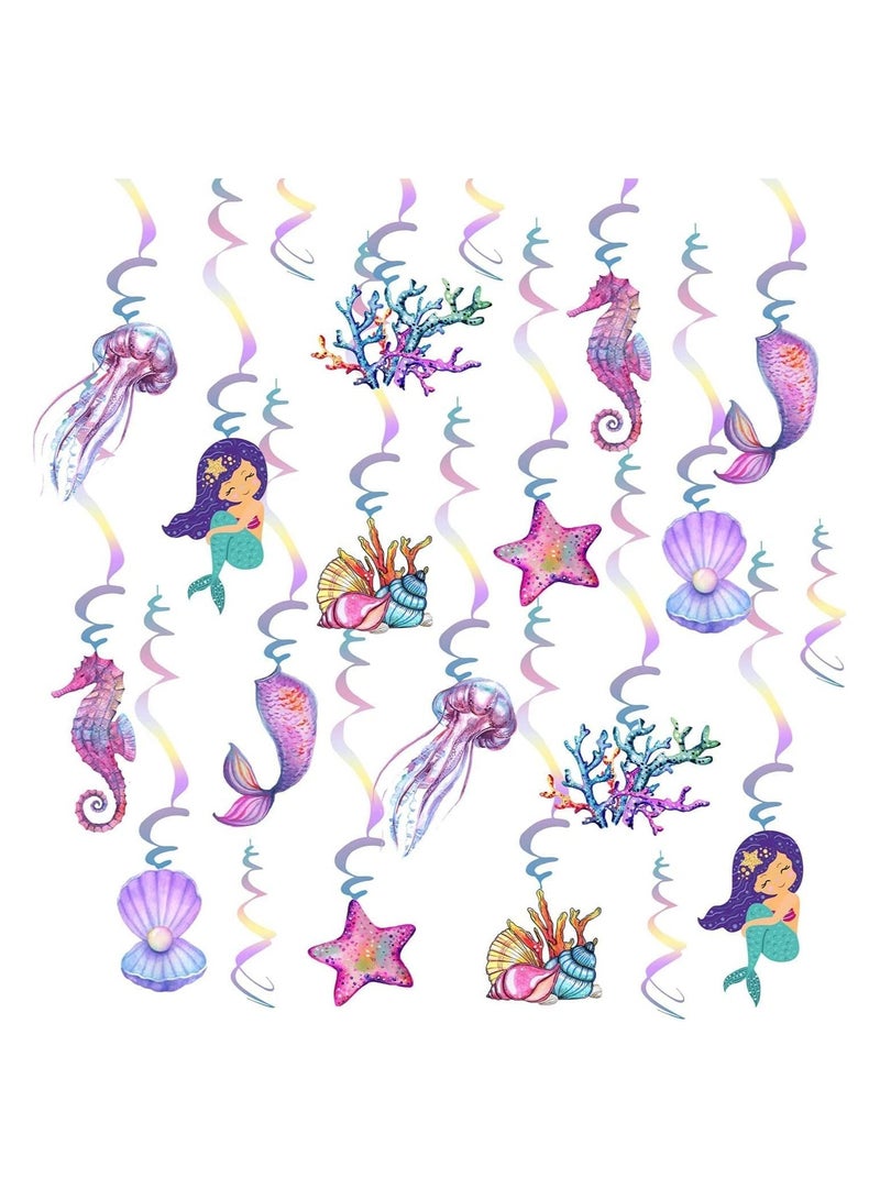 Mermaid Hanging Swirl Decorations, 20 PCS Double Sided Print Mermaid Themed Foil Swirls Dangling Ceiling Streamers Wall Decals for Kids Girls Birthday Baby Shower Under the Sea Party Supplies