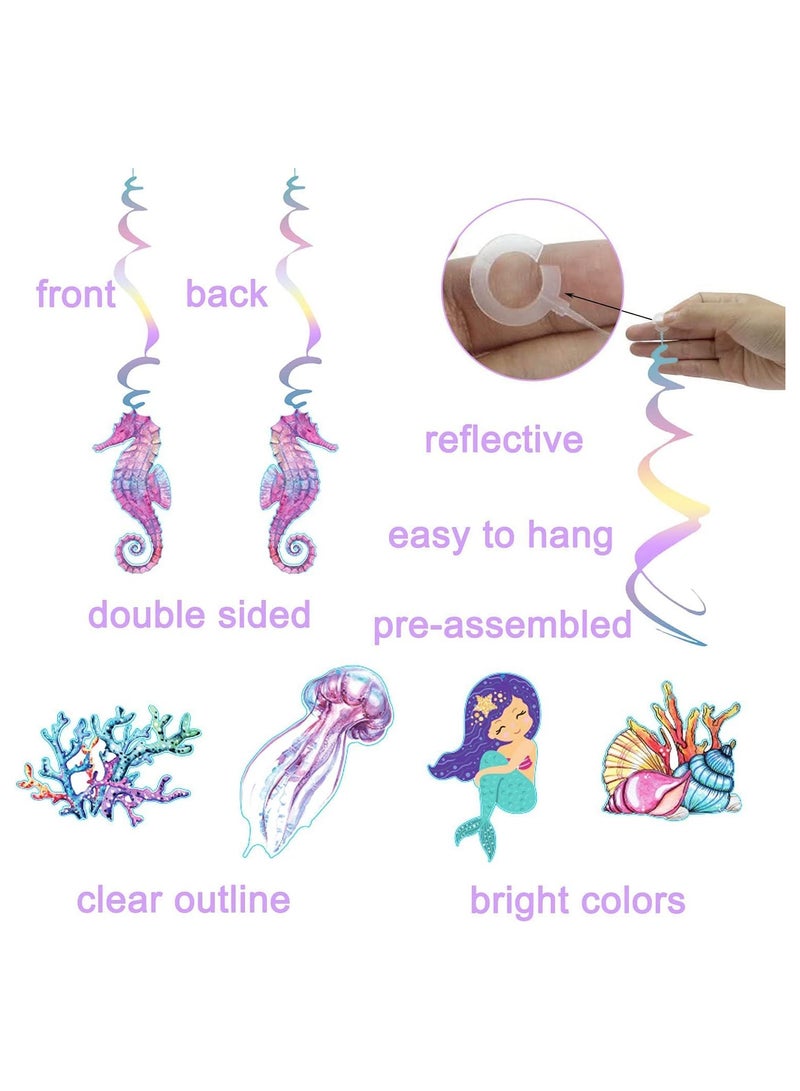 Mermaid Hanging Swirl Decorations, 20 PCS Double Sided Print Mermaid Themed Foil Swirls Dangling Ceiling Streamers Wall Decals for Kids Girls Birthday Baby Shower Under the Sea Party Supplies