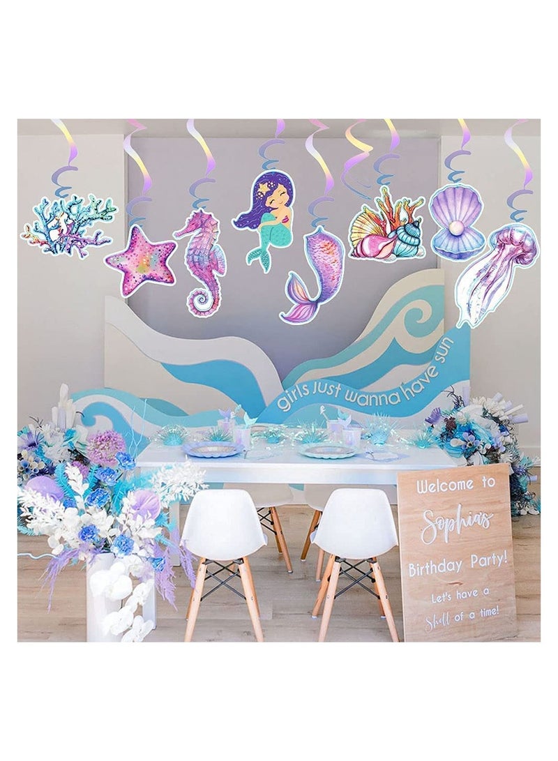 Mermaid Hanging Swirl Decorations 20 PCS Double Sided Print Mermaid Themed Foil Swirls Dangling Ceiling Streamers Wall Decals for Kids Girls Birthday Baby Shower Under the Sea Party Supplies