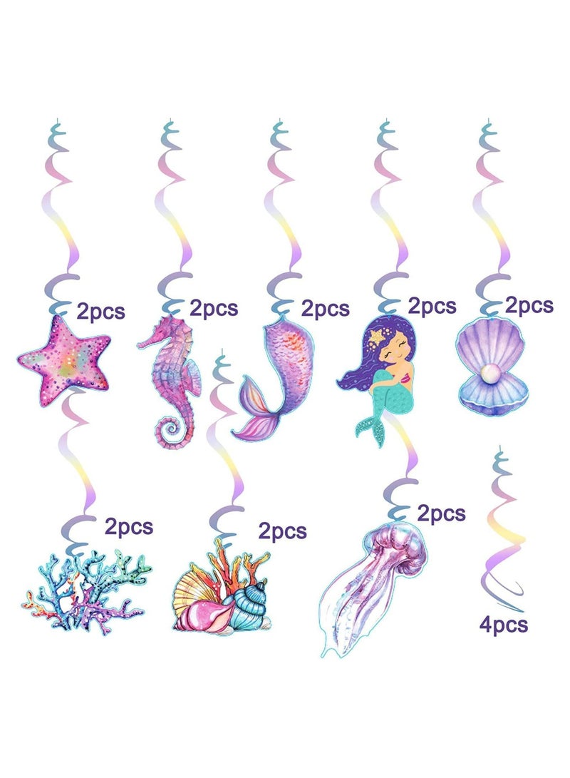 Mermaid Hanging Swirl Decorations 20 PCS Double Sided Print Mermaid Themed Foil Swirls Dangling Ceiling Streamers Wall Decals for Kids Girls Birthday Baby Shower Under the Sea Party Supplies