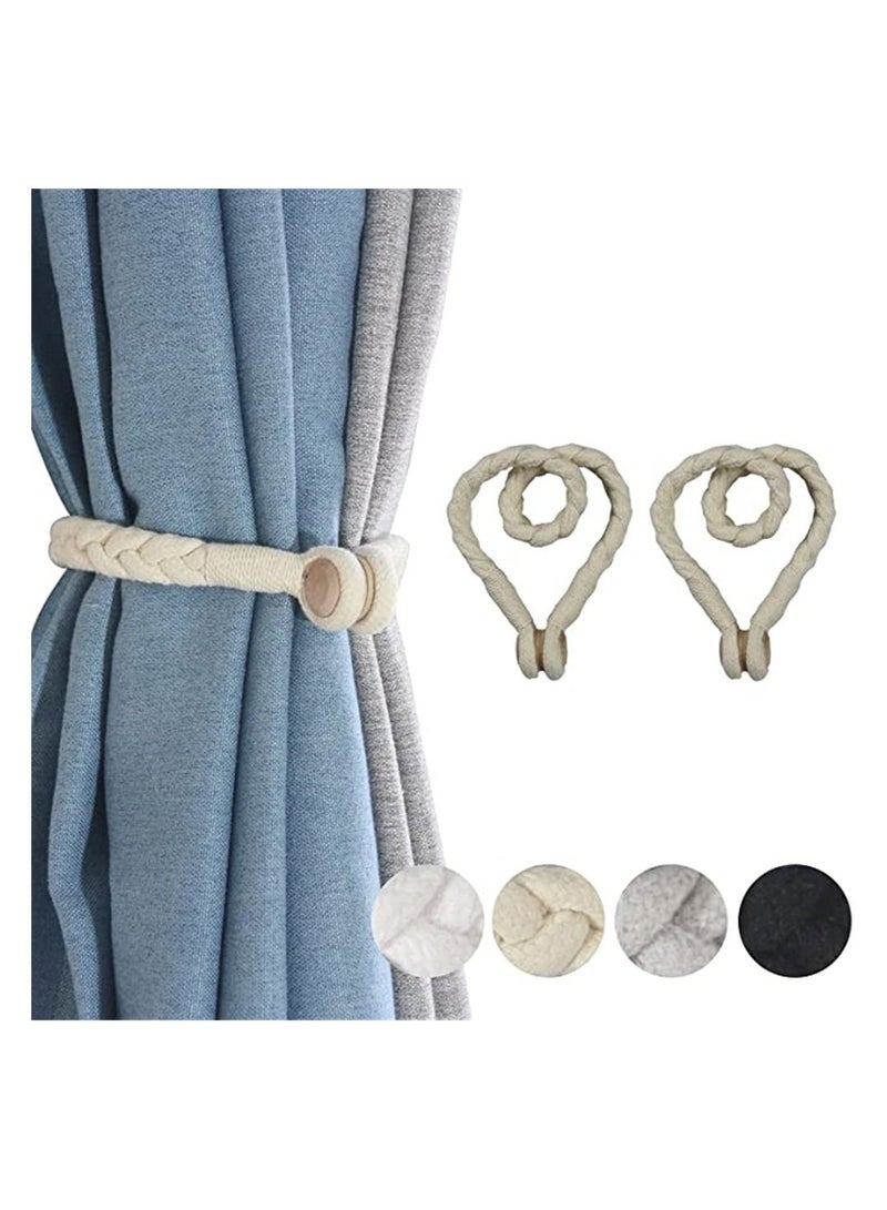 2 Pack Beige Magnetic Soft Curtain Tiebacks Cotton Hand-Woven Tieback Holdback Home Decorative Tie Backs with Durable Wooden Buckle for Office Decor