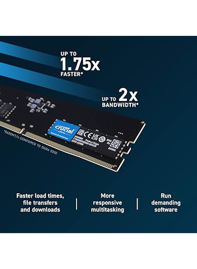 16GB UDIMM DDR5-5600 Desktop Memory PC5-44800, CL46, 1.1V, Unbuffered, High-Speed, Energy-Efficient, Optimized for Gaming & Multitasking, Single Module | CT16G56C46U5 Black